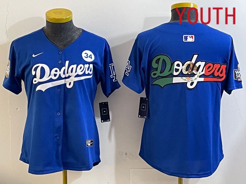 Youth  Los Angeles Dodgers blank 2024 World series patch blue jersey 202411293->youth mlb jersey->Youth Jersey